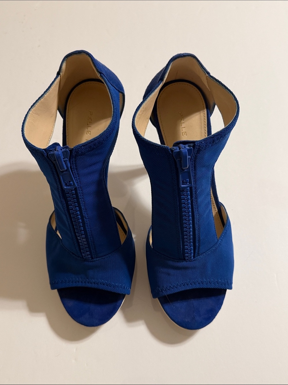 Pelle Moda Royal Blue Zip-Front Peep Toe High Heel Sandals in Faux Suede Size 8 - Picture 2 of 9